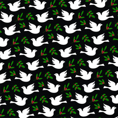 doves holly and mistletoe pattern on black background