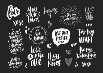 Set of elegant Valentine's day letterings, romantic phrases, quotes and holiday wishes decorated by hearts isolated on black background. Monochrome festive vector illustration for 14th of February.