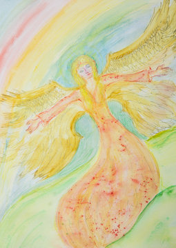 Flying feminine angel. The dabbing technique near the edges gives a soft focus effect due to the altered surface roughness of the paper..
