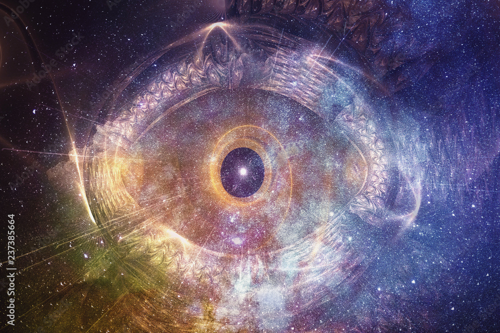 Poster abstract artistic multicolored glowing galaxy with a digital eye in a space background