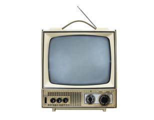 Grungy vintage portable television isolated on white with turned off screen.