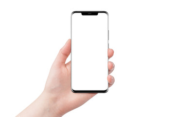 Female hand holding new modern black phone, isolated screen and background. Mockup