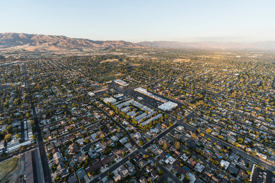 Aerial view of homes and streets near Lassen St and Mason Ave in the Chatsworth neighborhood of Los Angeles, California.