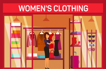 Costumer choosing cloth at fashion womans shop