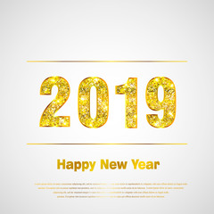 Happy New Year 2019. Background with golden sparkling texture. Gold Numbers 1, 2, 0, 9. Light effect. Vector Illustration