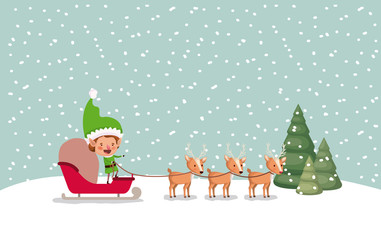 santa helper with carriage and reindeer snowscape