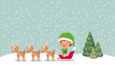 santa helper with carriage and reindeer snowscape