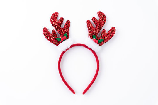 Christmas Background Concept. Top View Of Headband Reindeer On White Background.