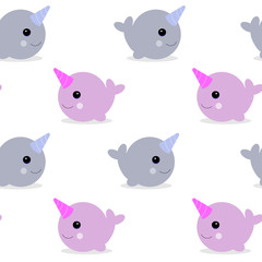 Vector illustration. Cute cartoon magic narwhal isolated on white background. funny unicorn whale for child and cards. © Yulia