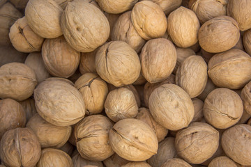 Lots of fresh golden brown walnuts lie in a pile. natural texture.
