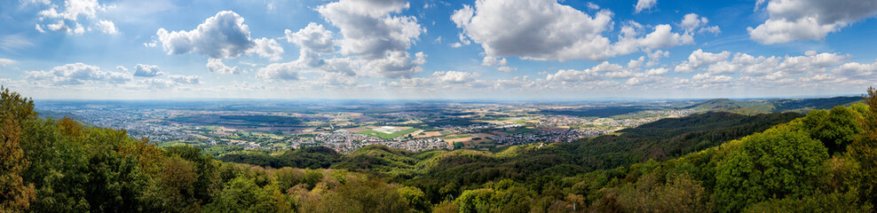 Panoramic view of south Hessia, Germany, seen from Melibokus, the highest mountain of the forest of odes.