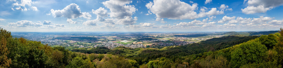Fototapeta na wymiar Panoramic view of south Hessia, Germany, seen from Melibokus, the highest mountain of the forest of odes.