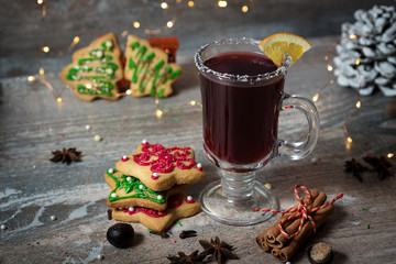 mulled wine, ginger biscuits and spices. new year's theme. festive mood