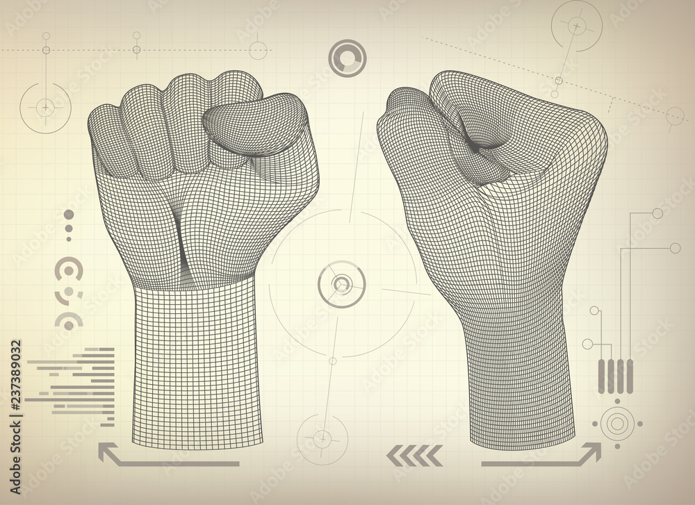 Poster drawing blueprint of wireframe fist; scientific interface; abstract technology background;