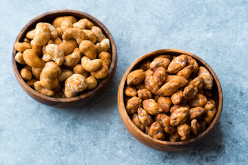 Almond Nuts with Barbeque Sauce and Spicy Cashew with Taco Spice in Wooden Bowl.