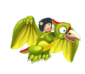 Cartoon dinosaur pterodactyl and caveman woman flying on his back - on white background - illustration for children © honeyflavour