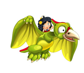 Cartoon dinosaur pterodactyl and caveman woman flying on his back - on white background - illustration for children © honeyflavour