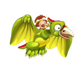 Cartoon dinosaur pterodactyl and caveman flying on his back - on white background - illustration for children © honeyflavour