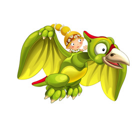 Cartoon dinosaur pterodactyl and caveman woman flying on his back - on white background - illustration for children © honeyflavour