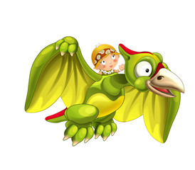 Cartoon dinosaur pterodactyl and caveman woman flying on his back - on white background - illustration for children © honeyflavour