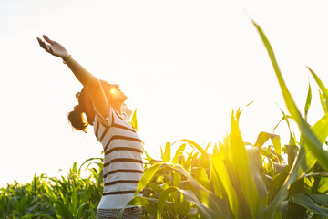 women standing a outdoor with sunset light in countryside for relaxing in field