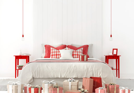 Bedroom with red decorations and presents