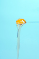 Sugar paste for shugaring depilation on stick blue background. Beauty spa minimalist concept.