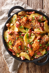 baked chicken fillet with potatoes, bacon and cheese close-up in a pan. Vertical top view