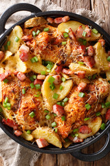 Delicious ranch casserole of chicken fillet with potatoes, bacon and cheese close-up in a pan. Vertical top view