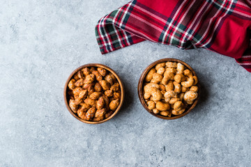 Almond Nuts with Barbeque Sauce and Spicy Cashew with Taco Spice in Wooden Bowl.
