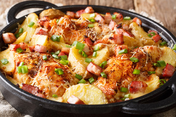 Chicken fillet casserole with potatoes, bacon and cheese close-up in a frying pan. horizontal