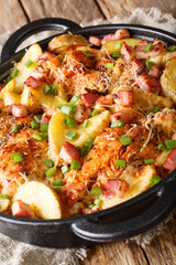 Main course baked chicken fillet with potatoes, bacon and cheese close-up in a pan. vertical