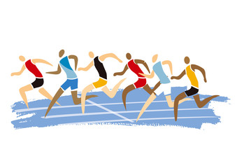 Male athletics runners,running race.
Colorful stylized illustration of race runners on  expressive brush stroke background. Vector available. 