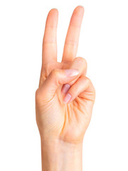 Female hand showing two fingers in the peace symbol