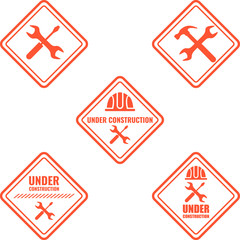 Warning sign under construction. Logo concept. Conceptual image of tools for repair, construction and builder. Cartoon flat illustration. Objects isolated on a background.