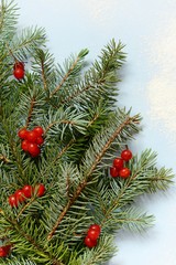 A decorative bouquet of Christmas tree branches collected in a mitten with cranberries on a blue background, powdered with snow. Winter bouquet, New Year's mood. Copy space, top view