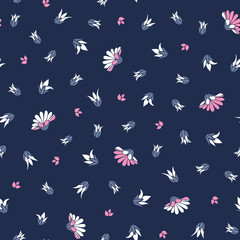 Pink White Flowers on Blue Background Seamless Vector Repeat Floral Pattern Background