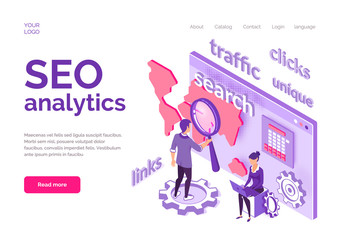 Isometric concept of Seo Analytics for website. 