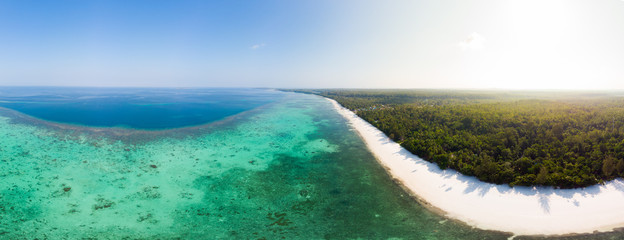 Aerial view tropical beach island reef caribbean sea. Indonesia Moluccas archipelago, Kei Islands,...