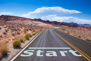 Start point on empty road in the desert