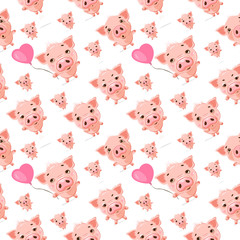 Seamless pattern of cute pigs with emotions of joy and happiness. Symbol of the year 2019. Nice wrapping paper or textile repeatable print.