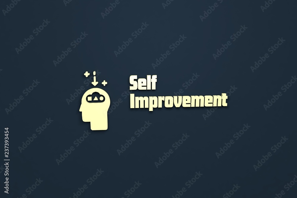 Wall mural 3d illustration of self improvement, yellow color and yellow text with dark blue background.