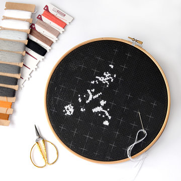 Beginning of embroidery on black canvas with woolen threads. Cross-stitch painting with Maine Coon Cat.