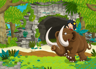 cartoon happy scene with caveman woman on mammoth in the jungle traveling - illustration for children