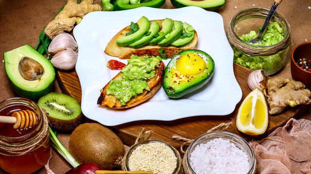 assortment of bruschetti with toast avocado, vegetarian food, Fitness food. Superfoods. Dieting and weight loss concept, top view