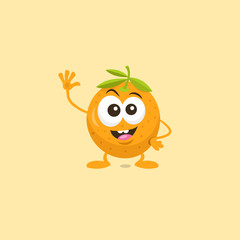 Illustration of cute happy orange mascot greeting someone with big smile isolated on light background. Flat design style for your mascot branding.