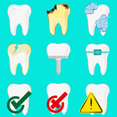 Set of different teeth, implant, caries, clean tooth, vector