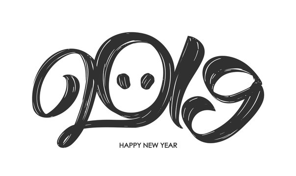 Hand drawn brush type number of 2019. Happy New Year of Pig