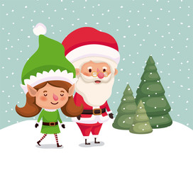 cute santa claus and girl helper in the snowscape