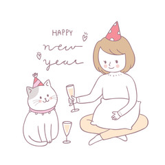 Cartoon cute girl and cat celebrate vector.